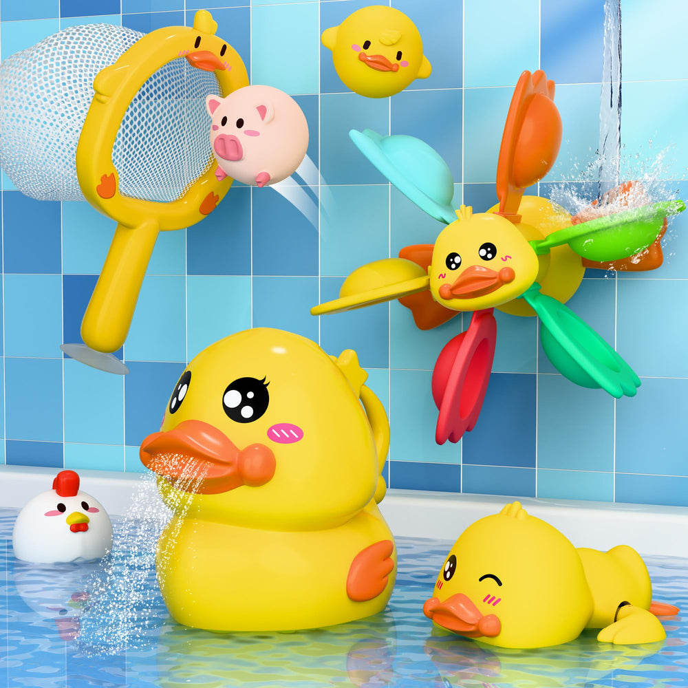 iplay-ilearn baby duck bath toy with windmill suction for engaging bath play