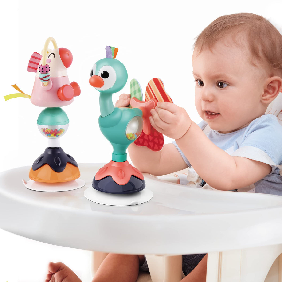 iPlay iLearn baby rattles set with suction base for secure high chair play.