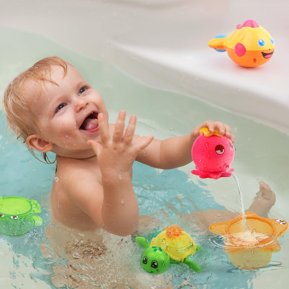 iPlay iLearn storage basket keeps bath toys organized after play.