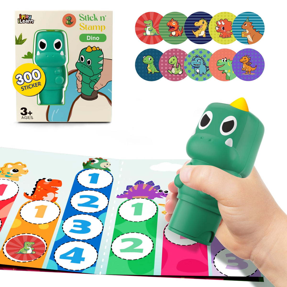 iPlay iLearn dinosaur sticker set packaging showing mess-free stamping for kids