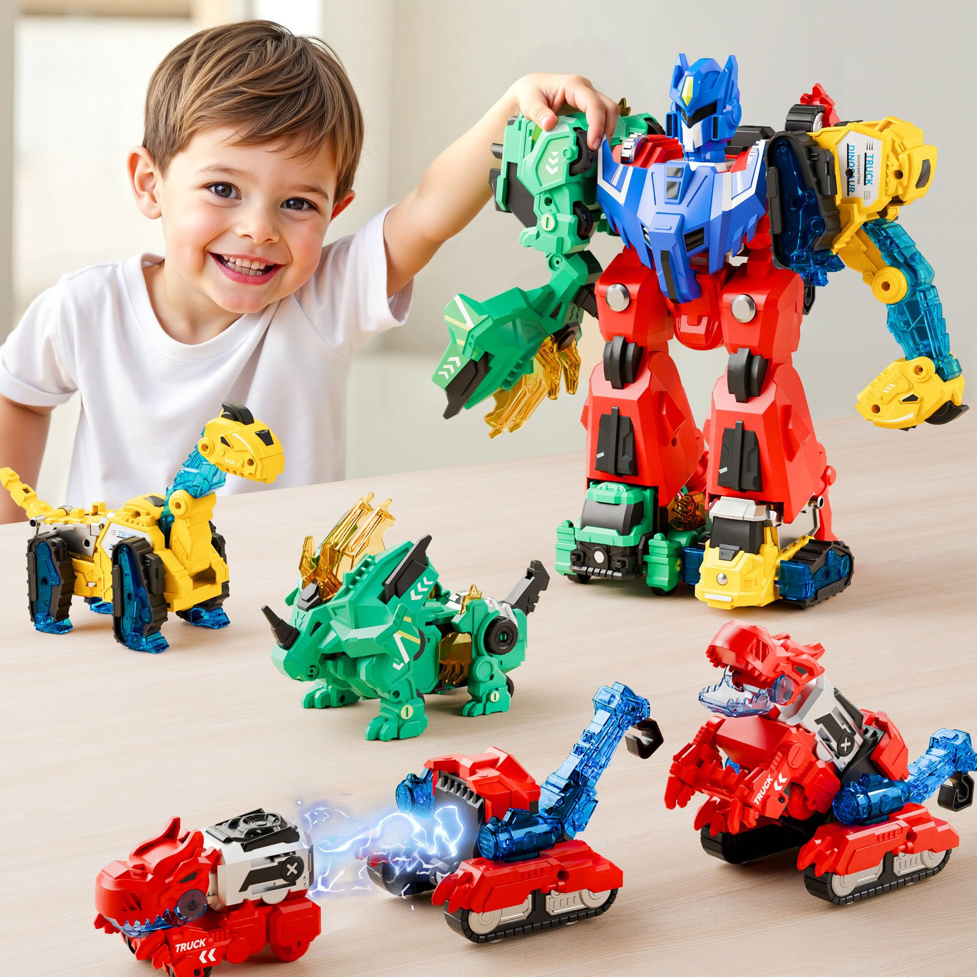 iplay ilearn dinosaur-transformer-robot set with magnetic car connections for hands-on STEM exploration.