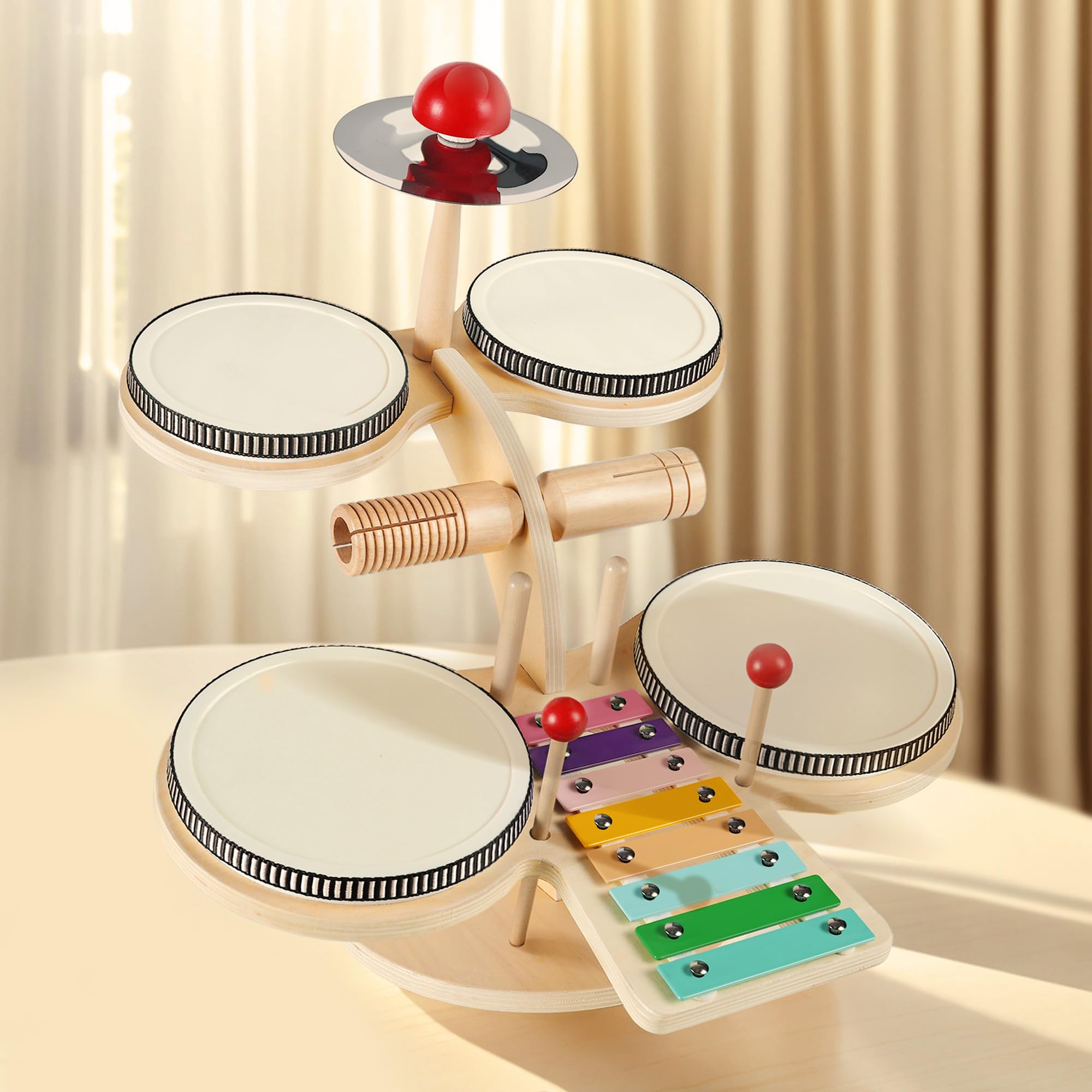 iPlay iLearn drum set wide view shows a complete all-in-one percussion kit for shared play.