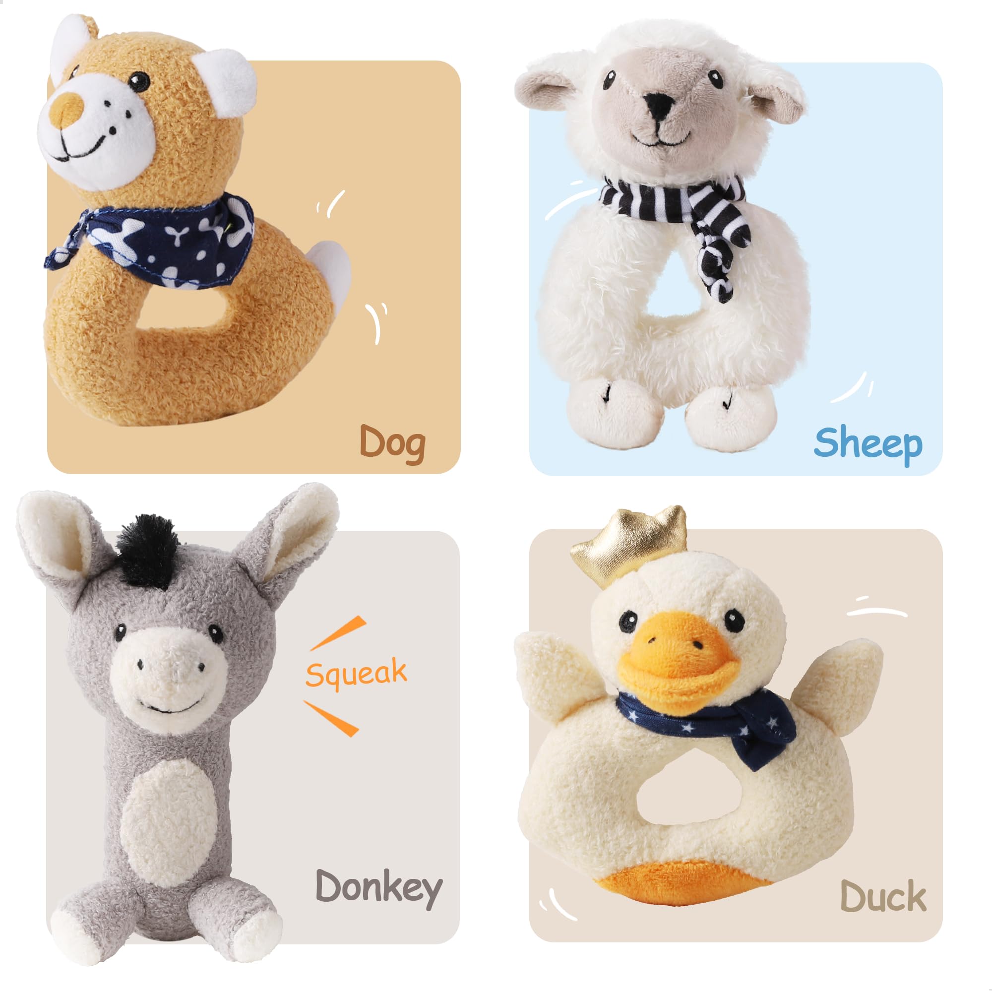 iPlay iLearn farm rattle with jingle puppy supports grasping and exploration.