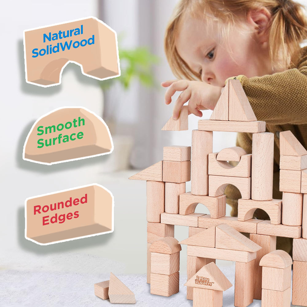 iPlay iLearn hardwood blocks 72-piece kit supports dexterity and imaginative play.