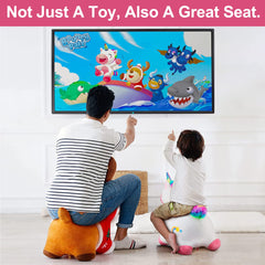 iPlay iLearn ride-on unicorn with kid-friendly ears for grip and safety