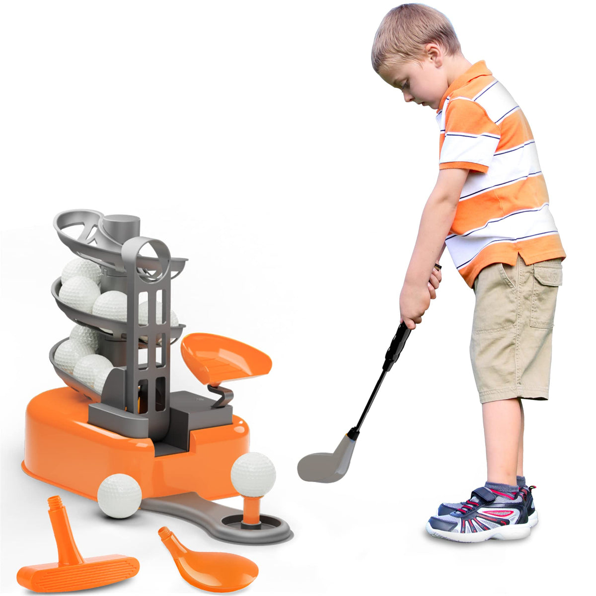 iPlay iLearn golf set with ball-to-tee trainer boosts hand-eye coordination during play
