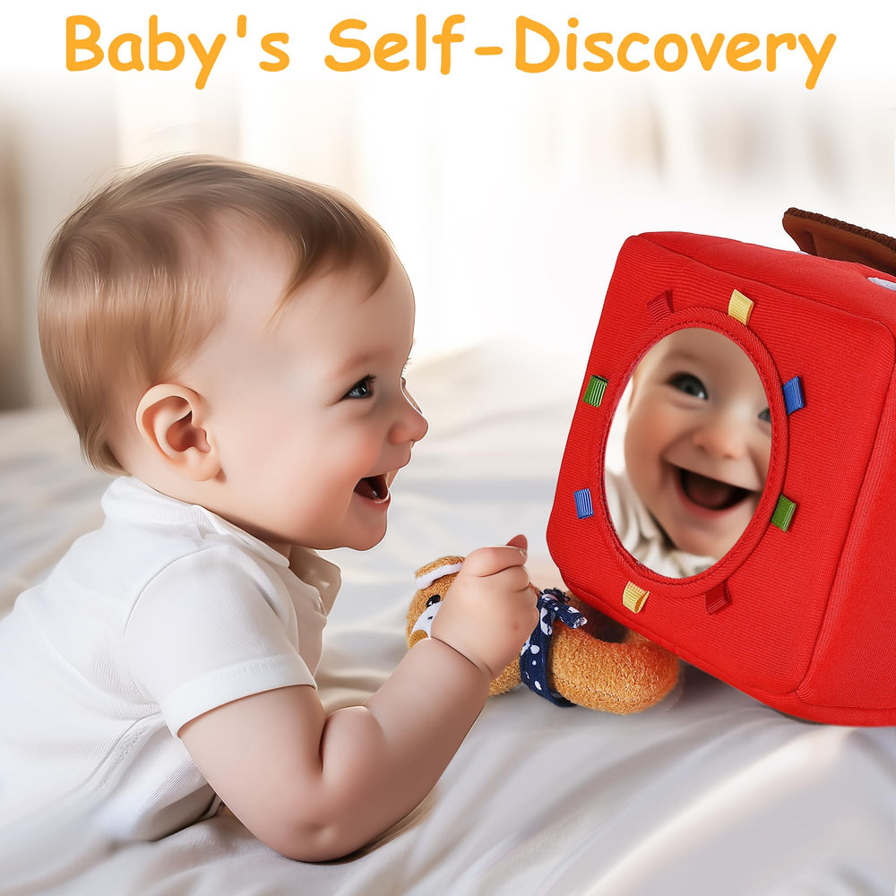 iPlay iLearn red house with mirror offers visual stimulation.