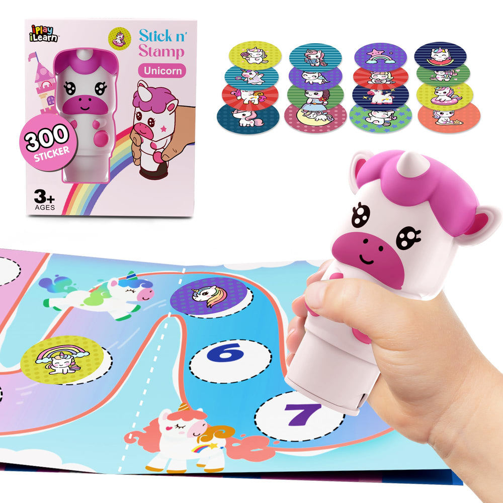 iplay ilearn unicorn sticker stamp set packaging, mess-free fun for kids' creativity.