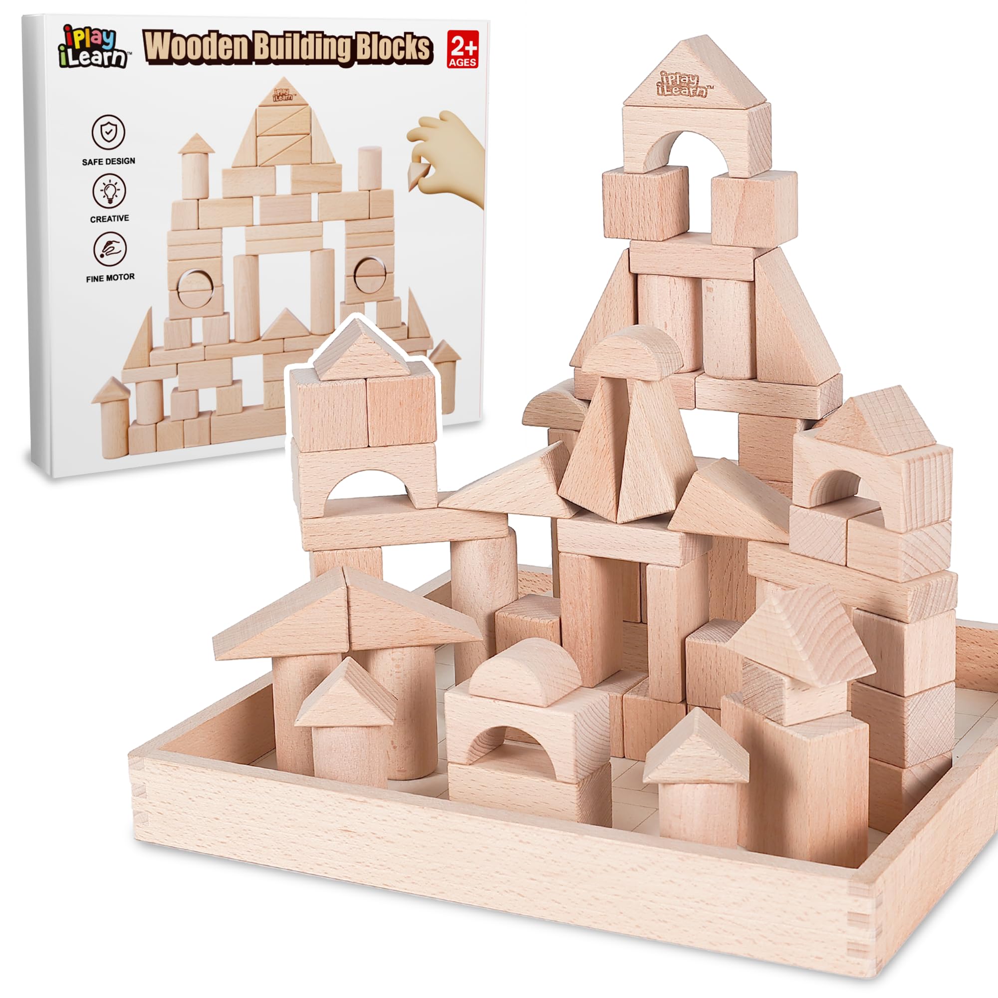 iPlay iLearn wooden blocks for castle building, boosting creativity and fine motor skills.