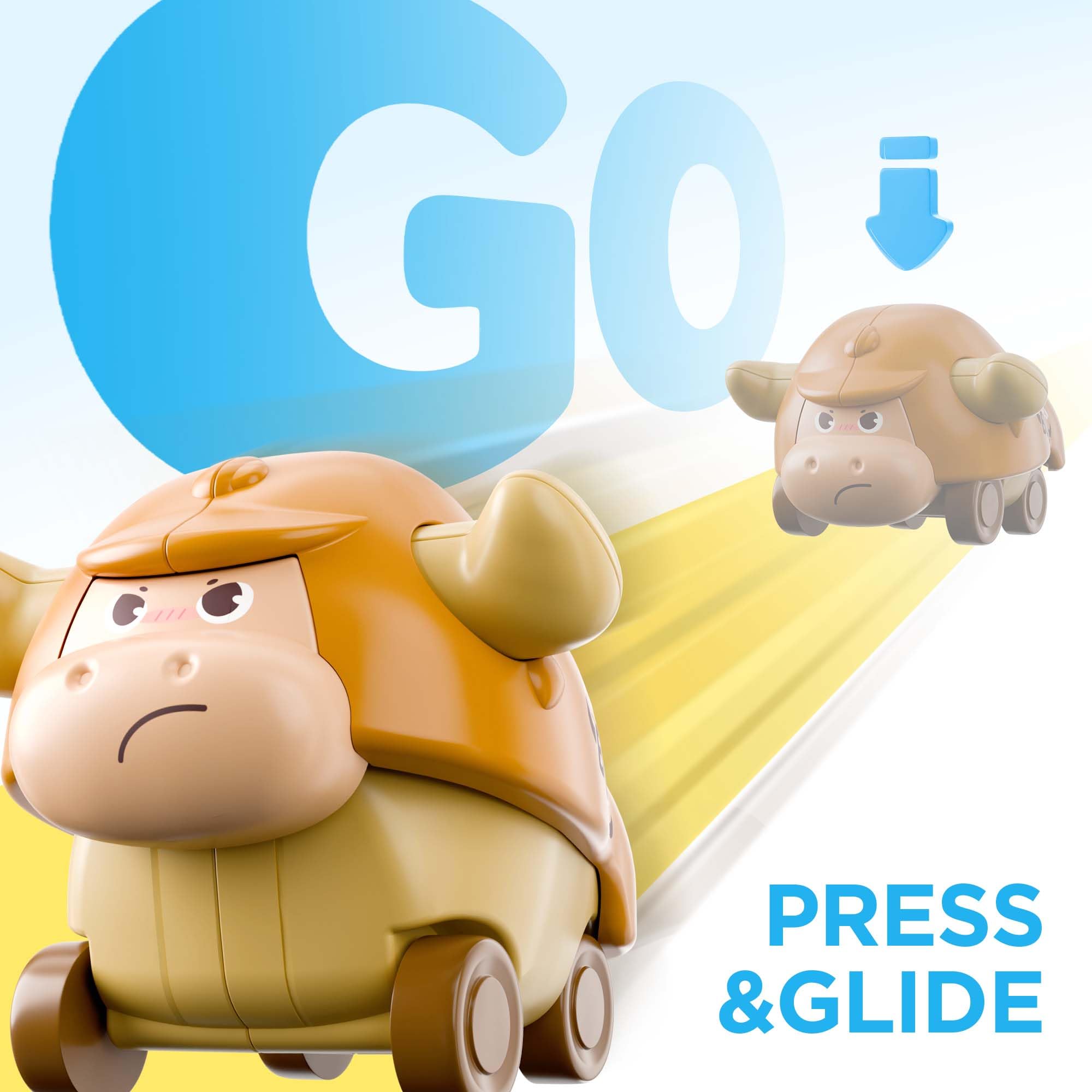 iplay press to go brown bull face car supports early coordination and tactile discovery.