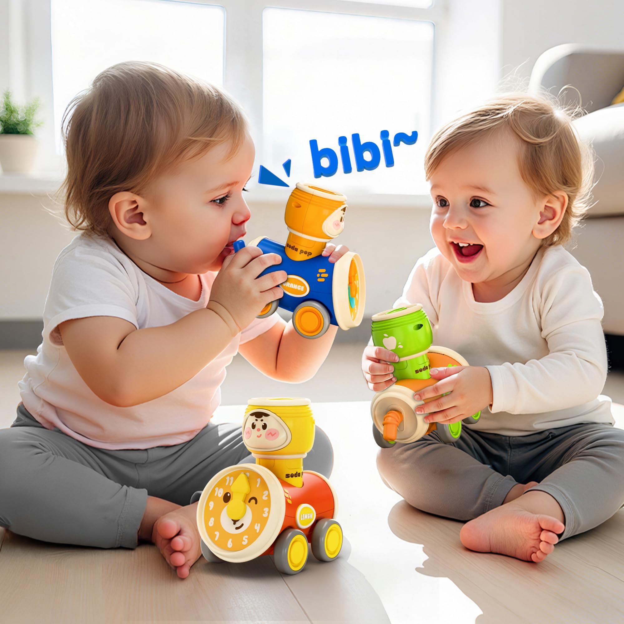 iPlay Press to Go Car bright colors and clocks attract toddler curiosity.
