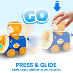 iPlay Press to Go Car side view emphasizes portable size for travel fun.