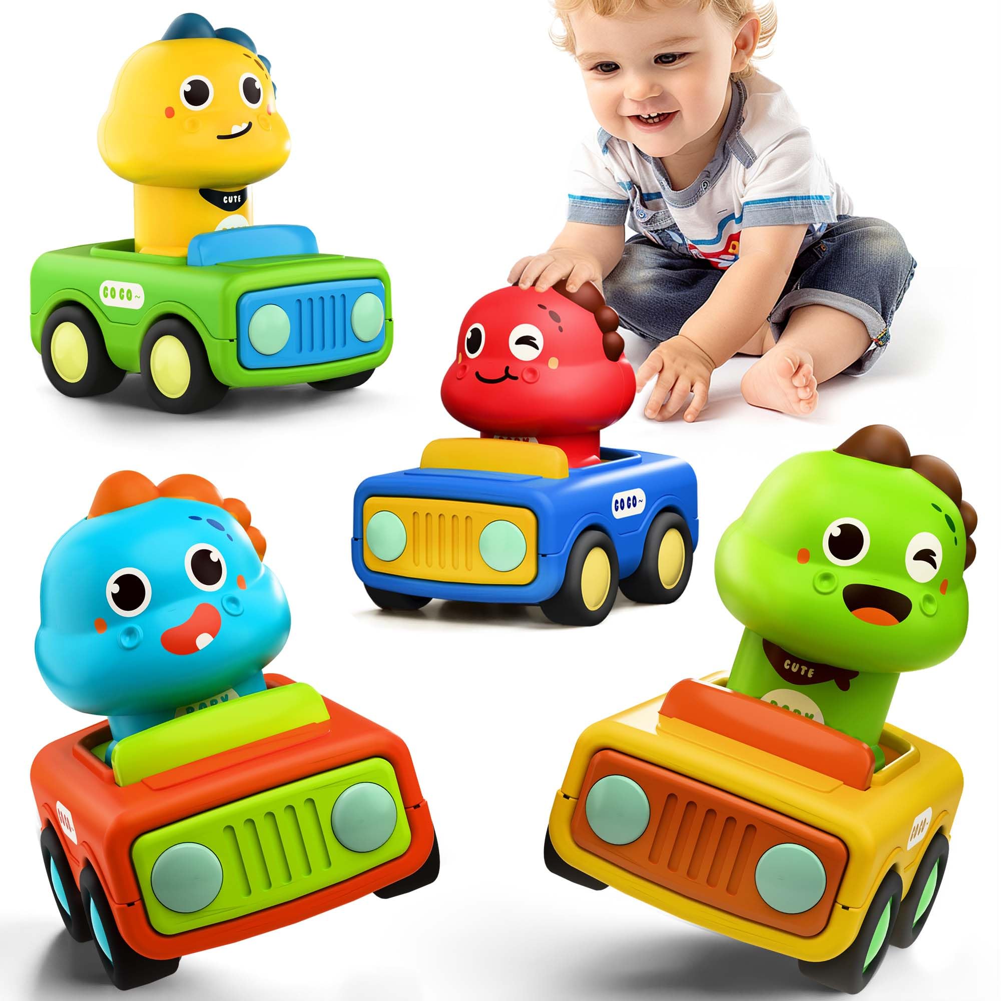 iPlay press-go dino car action with bright colors for quick play