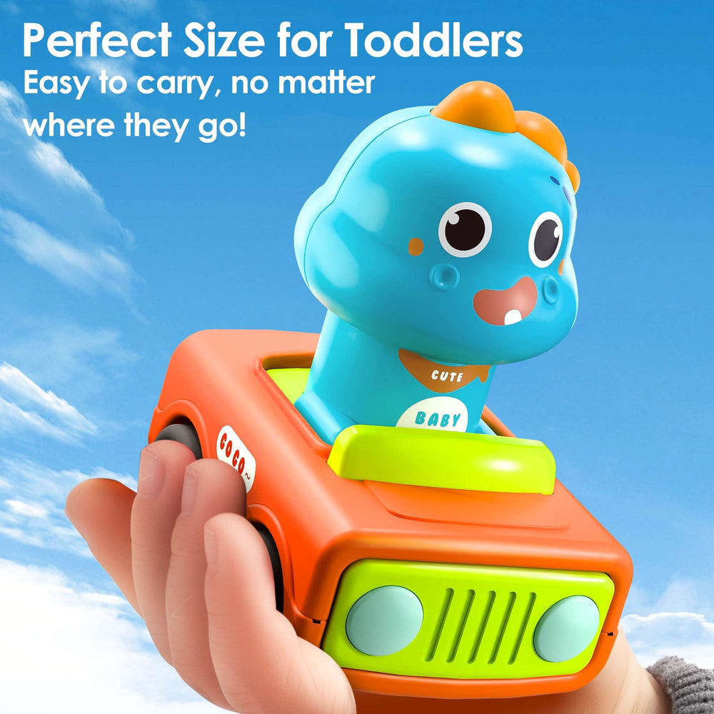 iPlay press-go dino car colorful design enhances sensory exploration