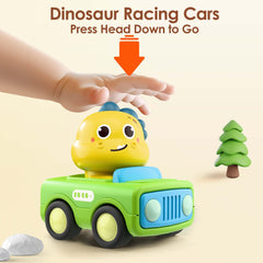 iPlay press-go dino car top view shows simple one-handed use