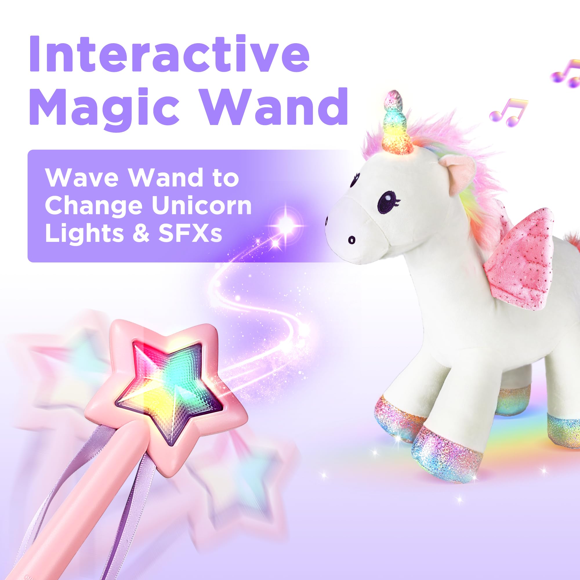iPlay unicorn toy with LED lights responding to wand movements