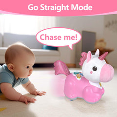 IPlay unicorn toy back with lit buttons promoting sensory exploration.