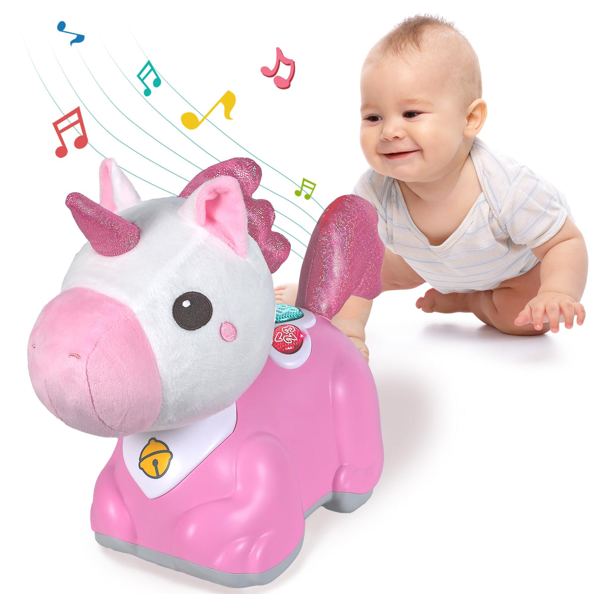 IPlay unicorn toy front view with colorful lights to boost attention.