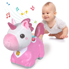 IPlay unicorn toy front view with colorful lights to boost attention.