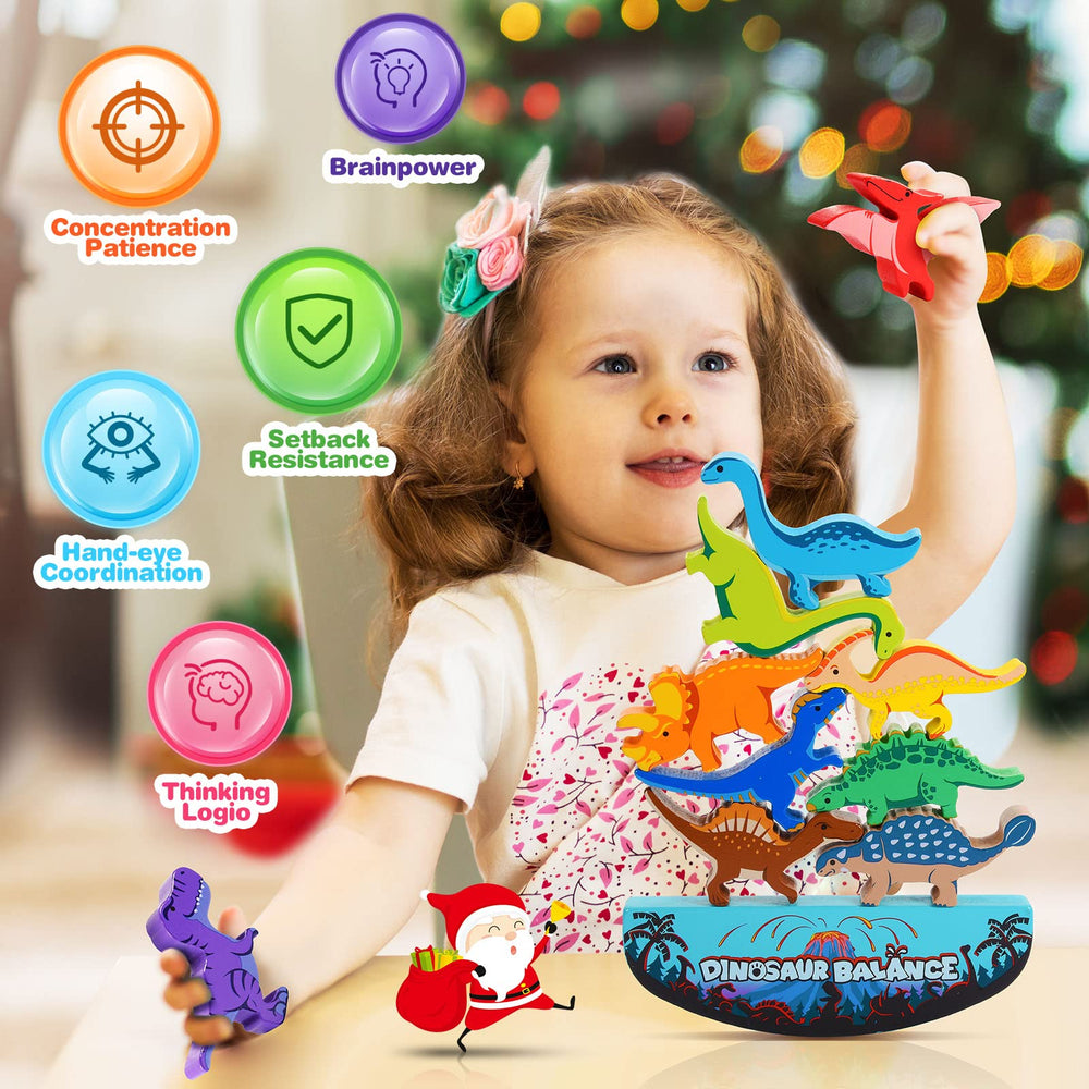 IPOURUP two-set balance game for friendly family competition using dinosaur blocks.