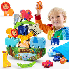 IPOURUP wooden animal blocks with zoo base aid early motor skills and balance
