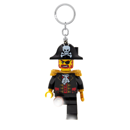 IQ LEGO Captain Brickbeard keychain light, 3-inch figure with bright LED feet for night visibility.