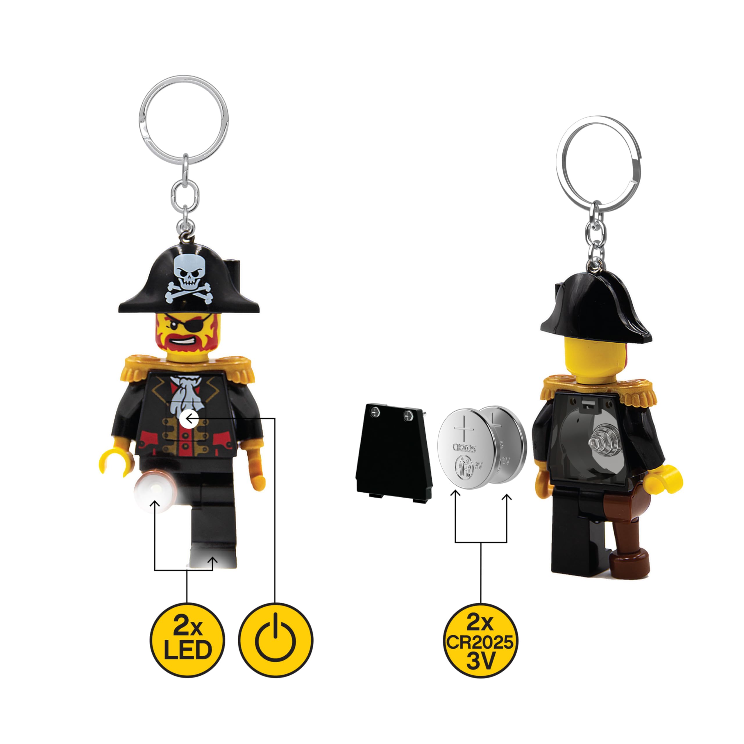 IQ LEGO Captain Brickbeard keychain light attached to bag for quick access.