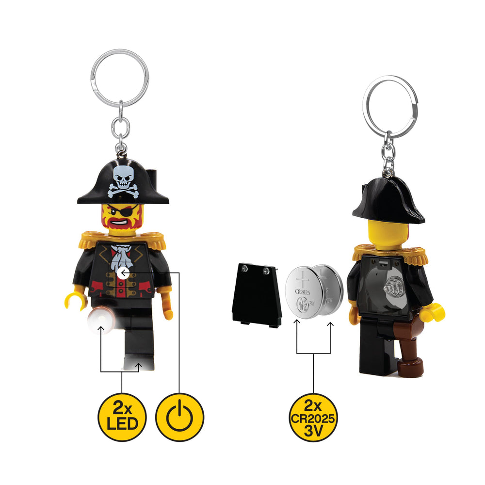 IQ LEGO Captain Brickbeard keychain light attached to bag for quick access.