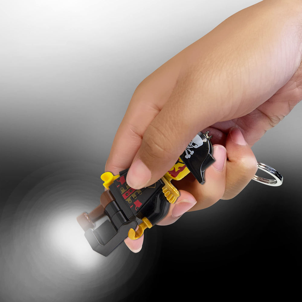 IQ LEGO Captain Brickbeard keychain light showing poseable arms for display.