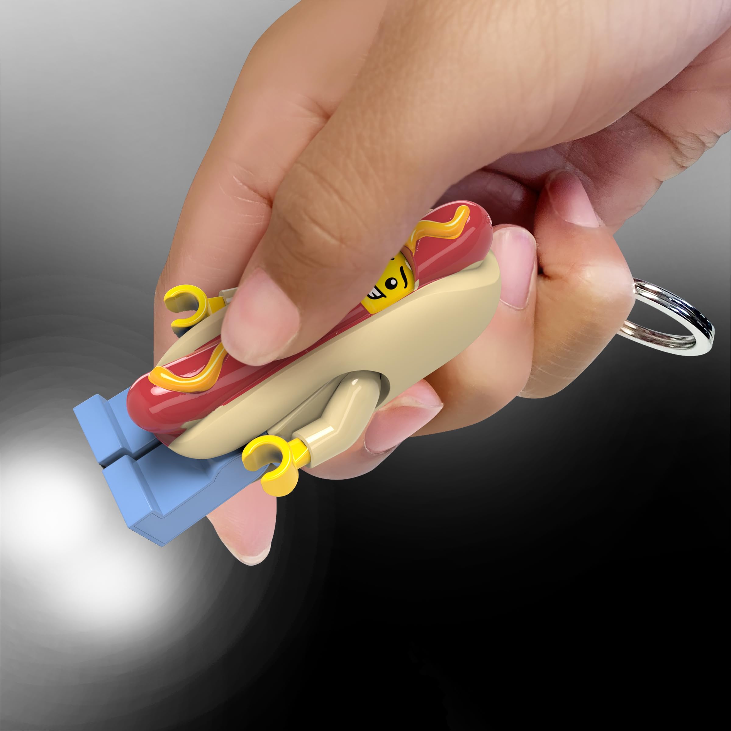 IQ LEGO Hot Dog Man keylight chest button powers bright LEDs in feet