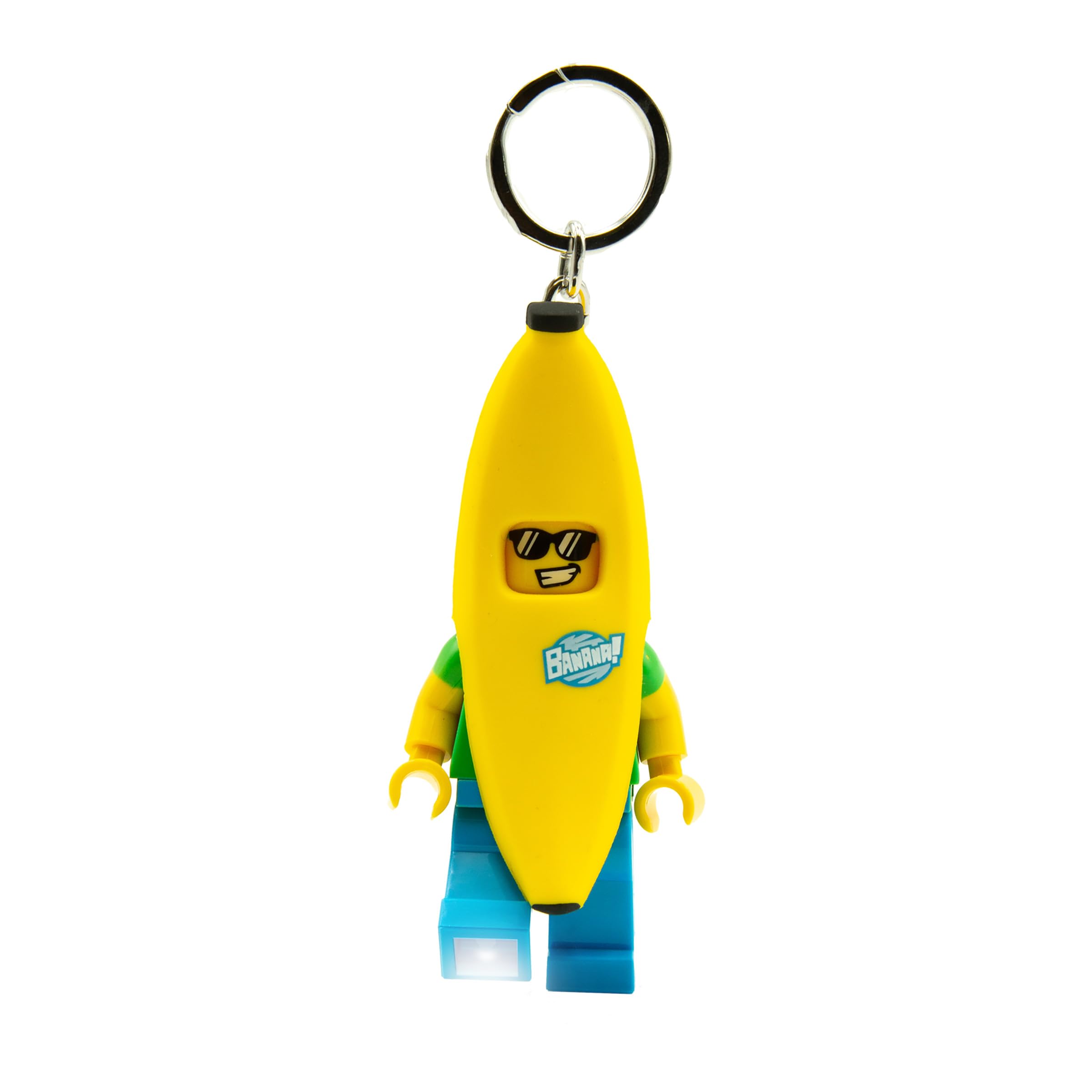 IQ LEGO Minifigures Banana Guy front view highlights bright, portable light for backpacks.