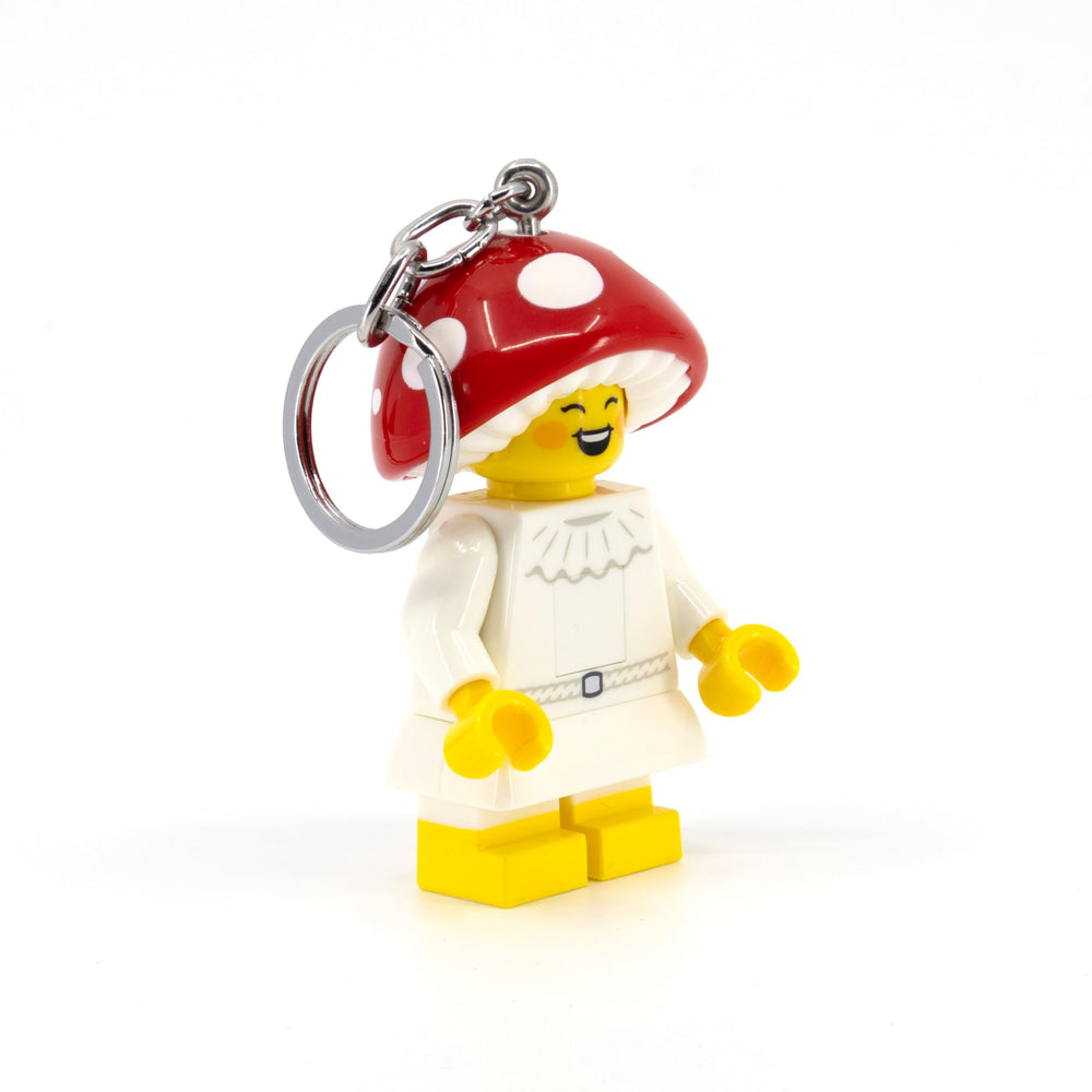 IQ LEGO Mushroom Sprite keychain light with chest-on-off switch for quick activation.