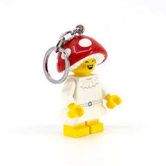 IQ LEGO Mushroom Sprite keychain light with chest-on-off switch for quick activation.