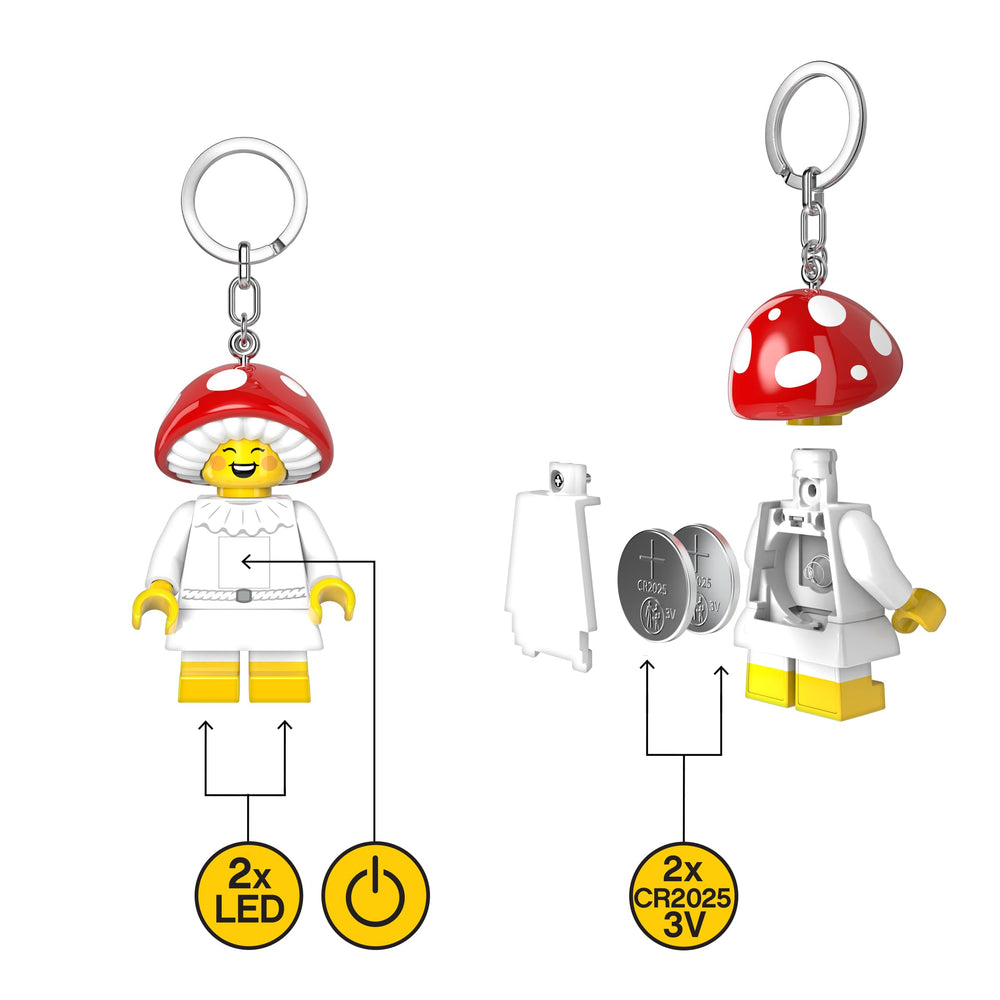 IQ LEGO Mushroom Sprite keychain light makes a gift-ready whimsical charm.