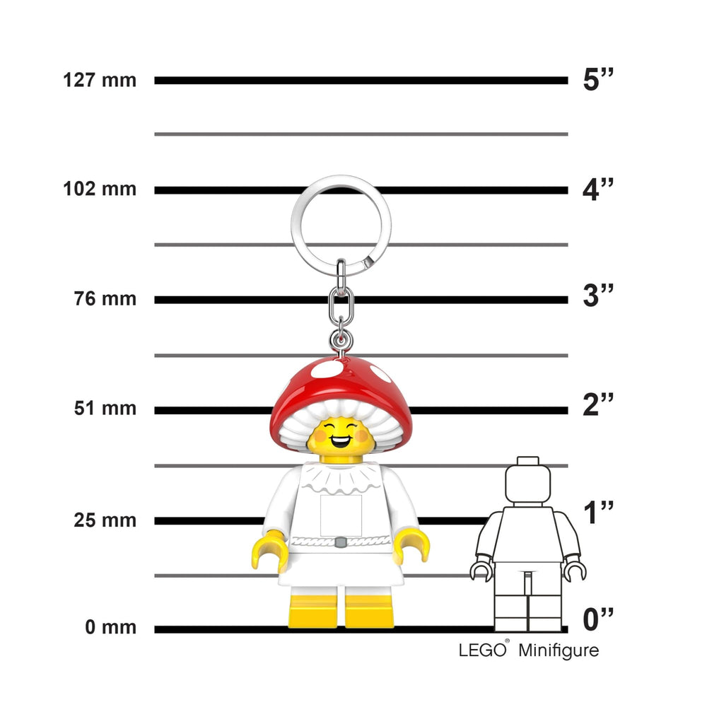 IQ LEGO Mushroom Sprite keychain light stands 66mm tall as a poseable mini figure.