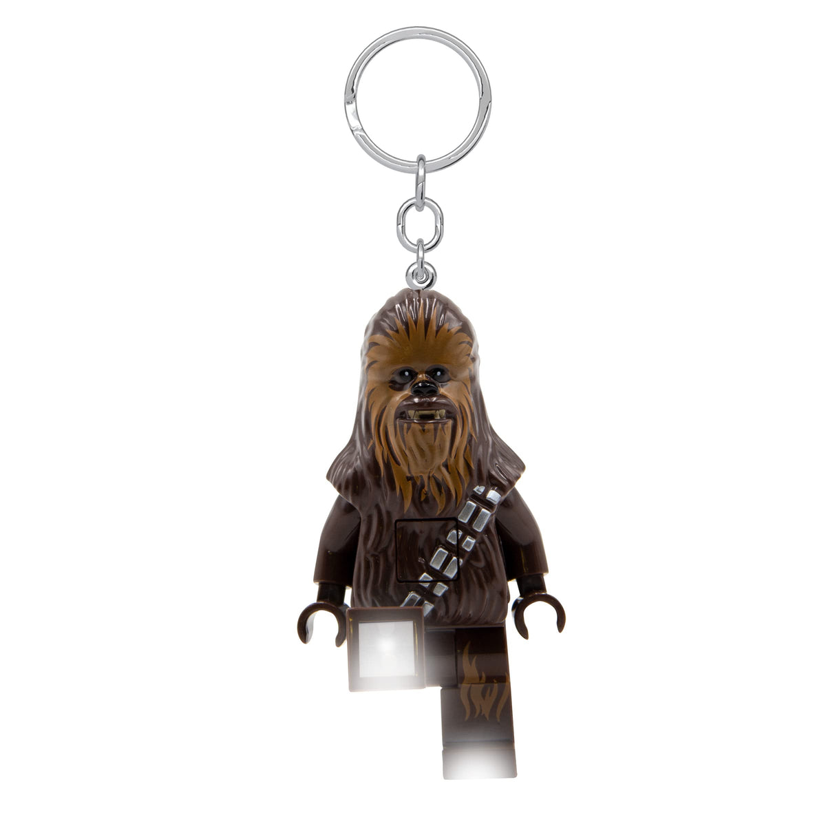 IQ LEGO Star Wars Chewbacca Key Light front view with key ring for easy access.