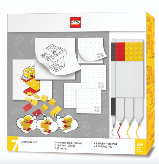 IQ Lego Stationery Creativity Set desk display with colorful duck builds for imaginative drawing.