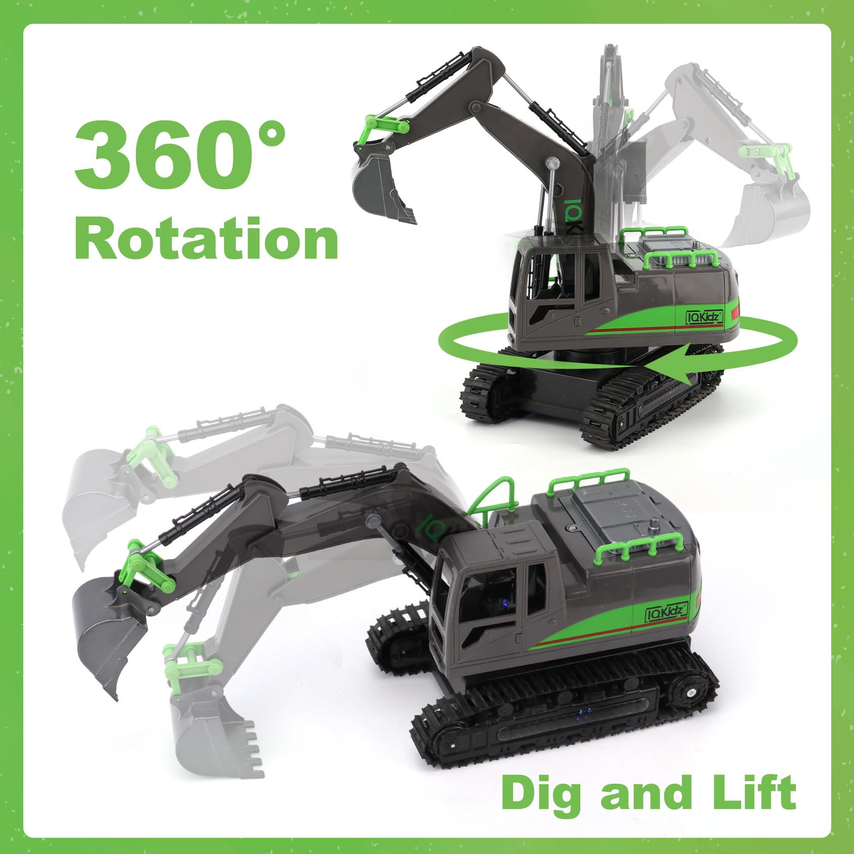 IQKidz RC excavator with metal shovel digging loose sand