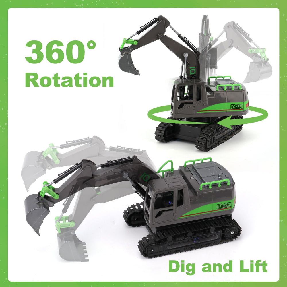IQKidz RC excavator with metal shovel digging loose sand