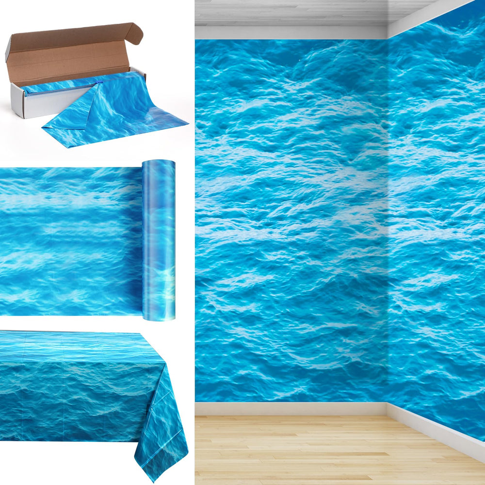 Irenare Ocean Waves tablecloth shows blue waves for beach party decor and spill protection.