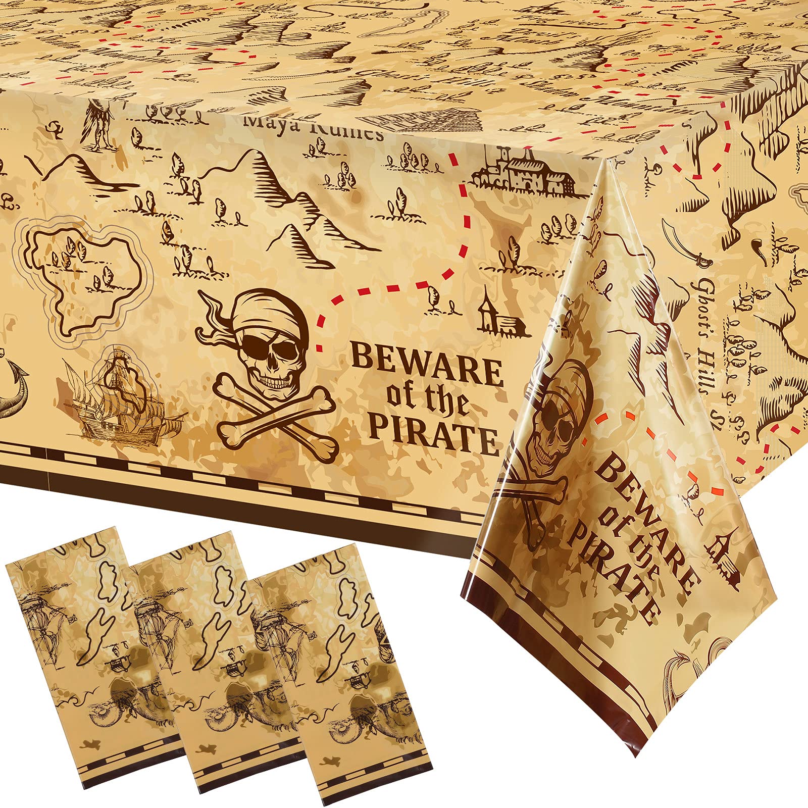 Irenare pirate tablecloth with map pattern provides kid friendly table decor and quick cleanup.
