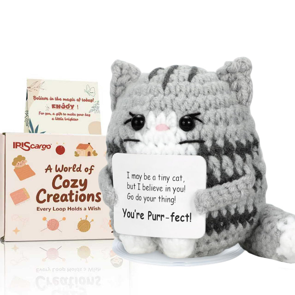IrisCargo positive crochet cat on stand for stable desk display.