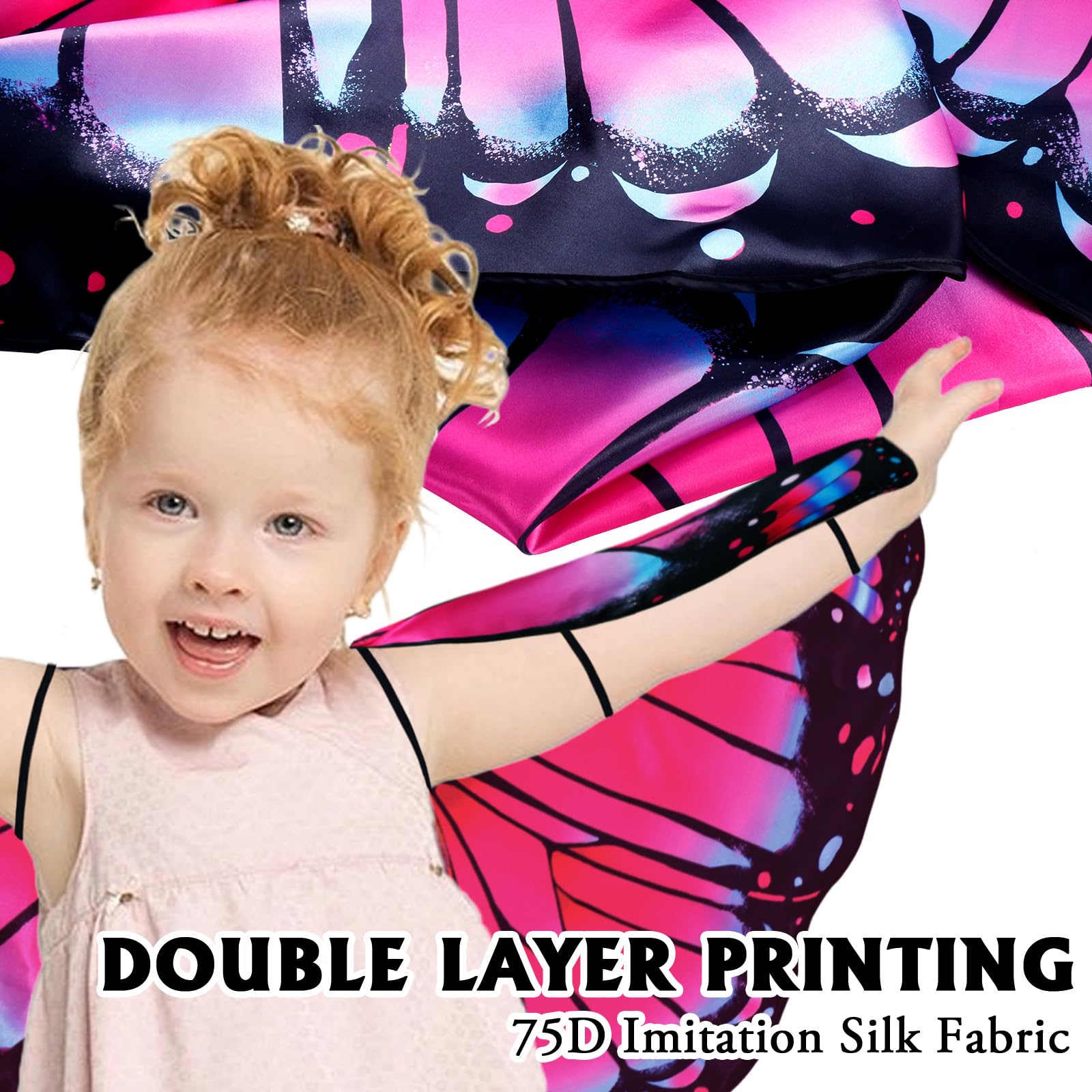 iROLEWIN toddler butterfly wings close-up—soft satin and secure wear.