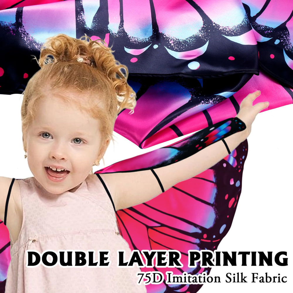 iROLEWIN toddler butterfly wings close-up—soft satin and secure wear.