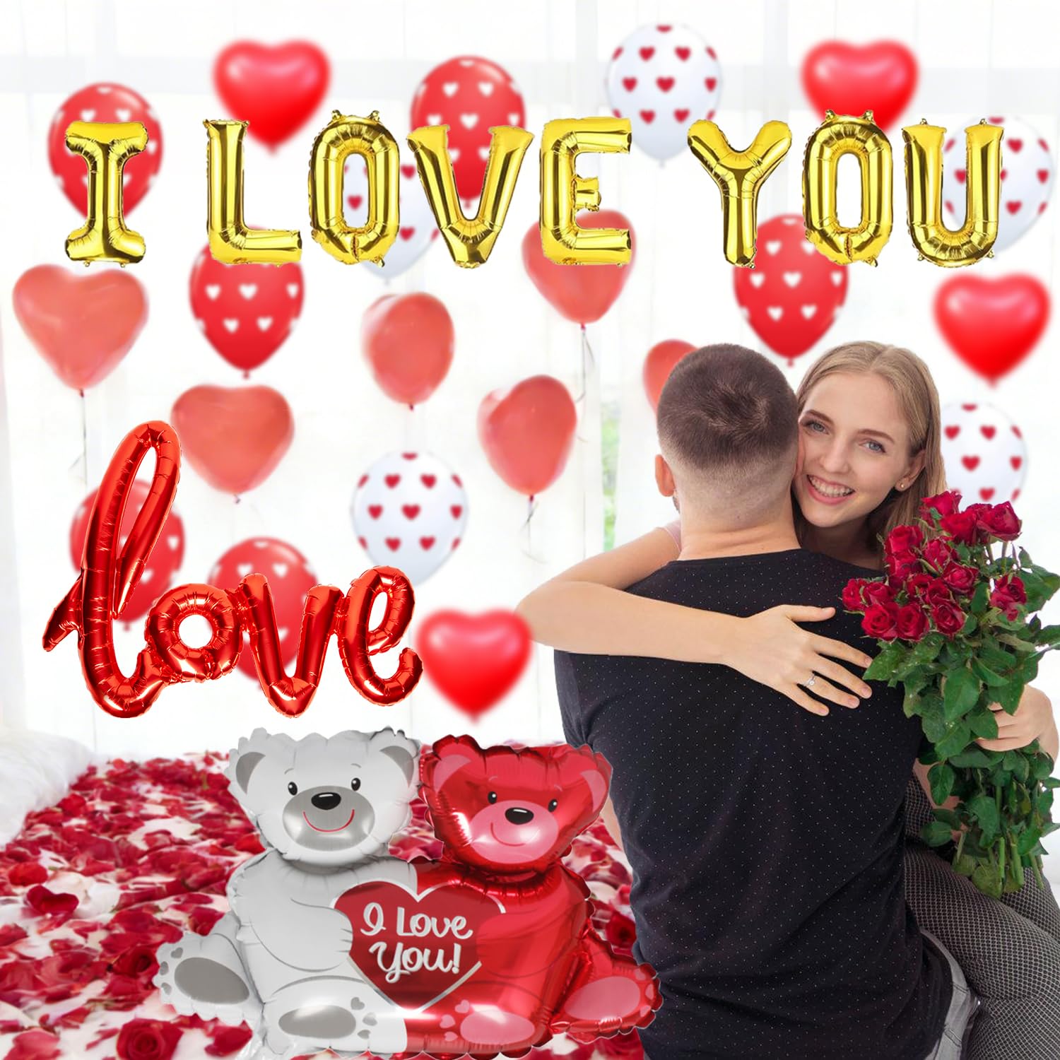 IROUHOR Red heart balloon 12in pairs with white hearts for romantic layering