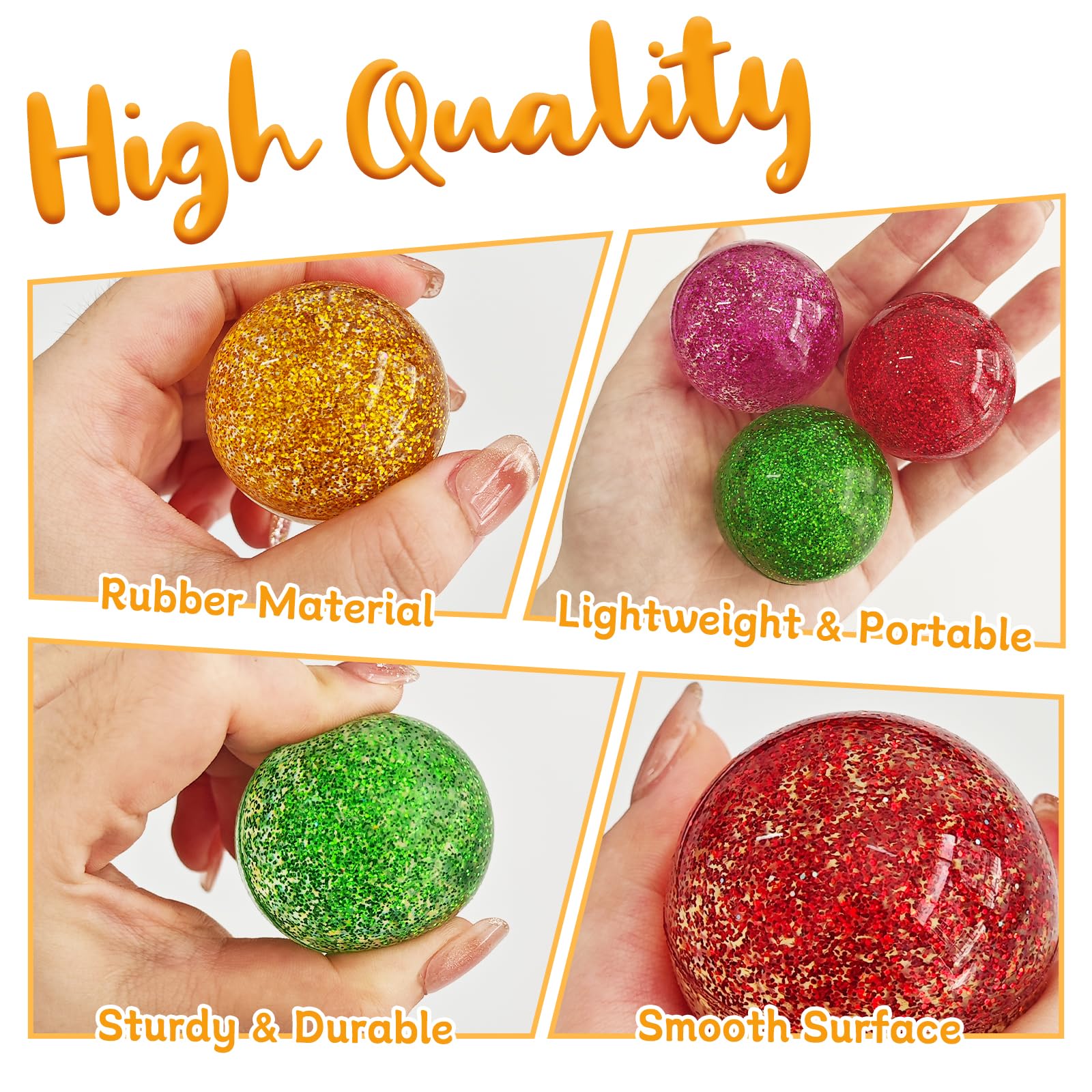 Irrmshr glitter bounce ball used as bright party décor and prize display.