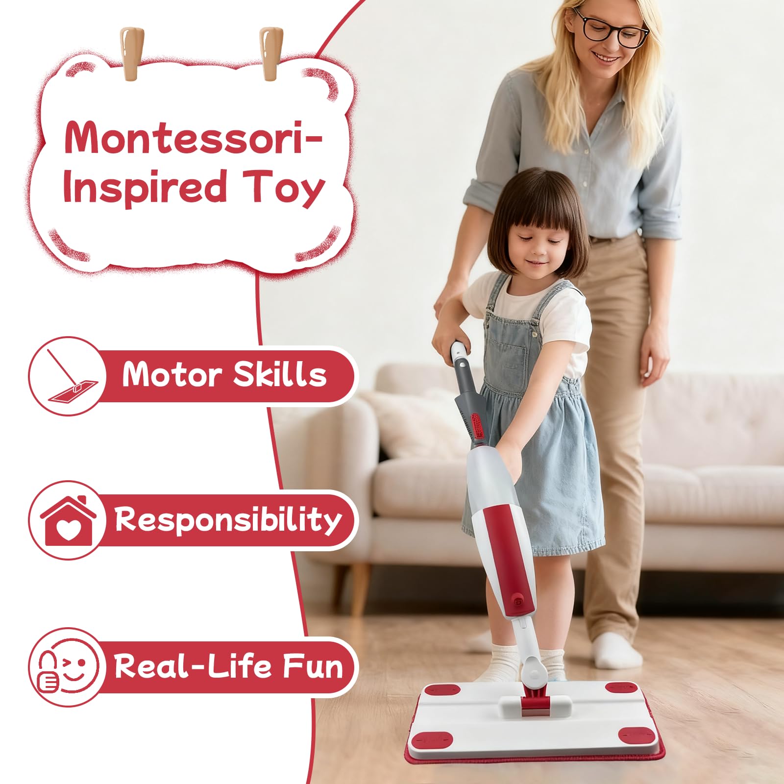 Iselyn colorful design invites kids to participate safely in chores.