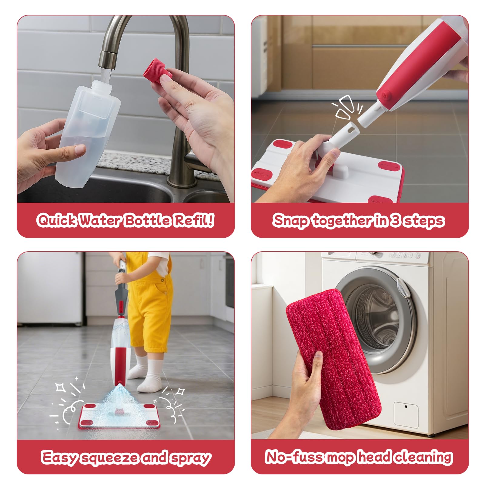 Iselyn Kids Spray Mop sprayer demonstrating real water spray for kids' play.