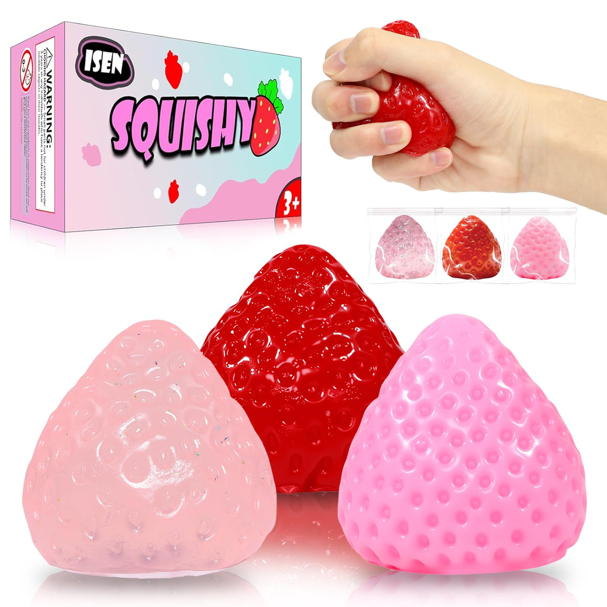 ISEN big taba strawberry squishies set of three in gift box for stress relief
