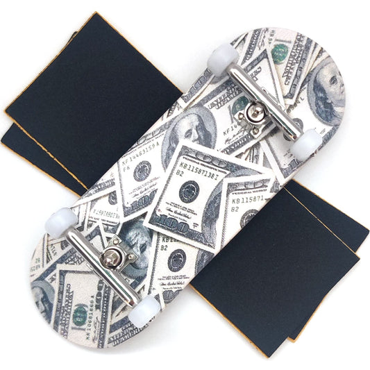 ishrunkthis 100-dollar-bill fingerboard deck premium build with iconic graphic for display and play.